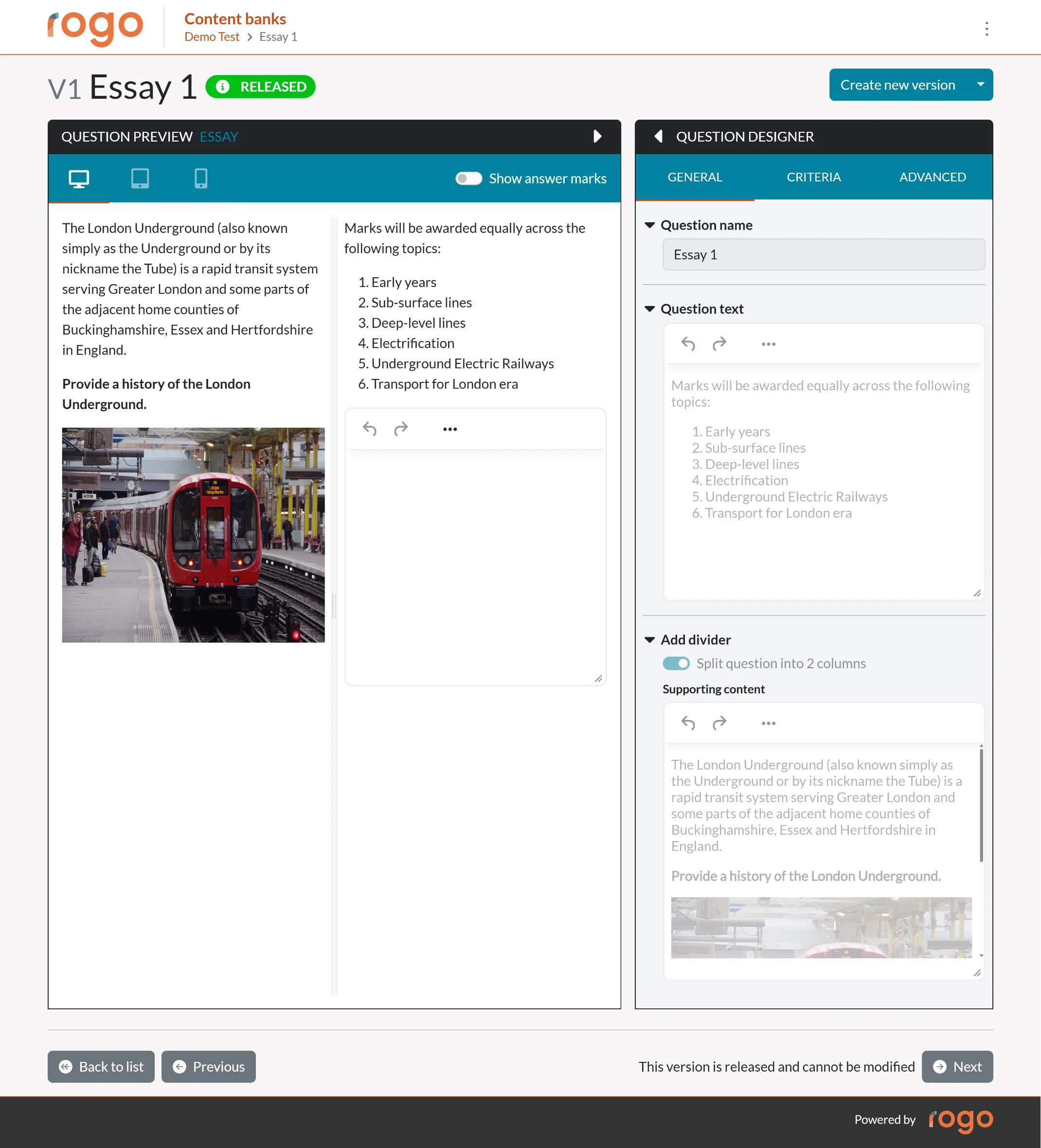 Split screen item creation, authoring panel on the left, live candidate mock-up on the right
