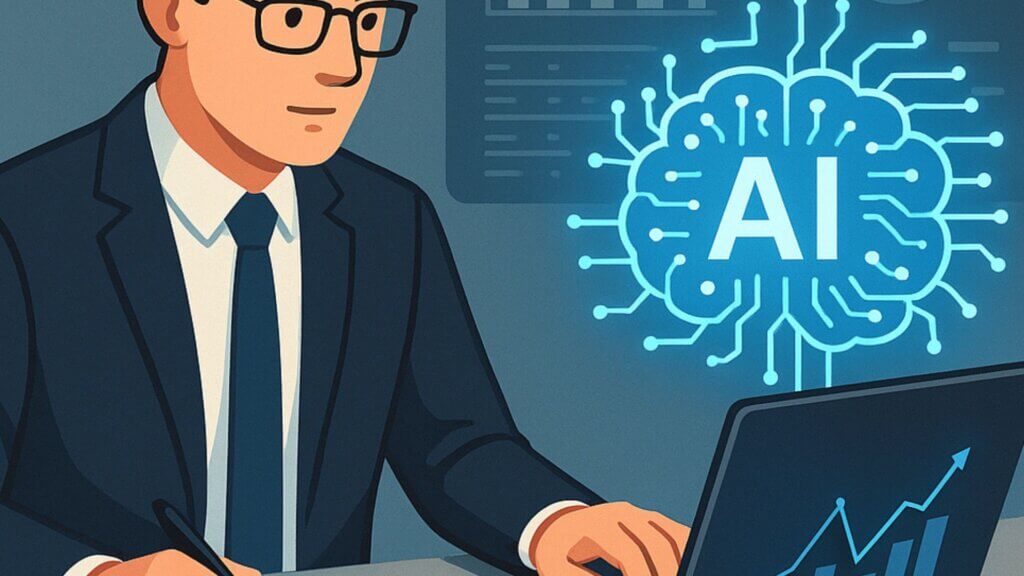A cartoon of a man in suit and glasses working on a laptop, next to a graphic of a brain designed to look like computer circuits and letters AI in the middle of it.