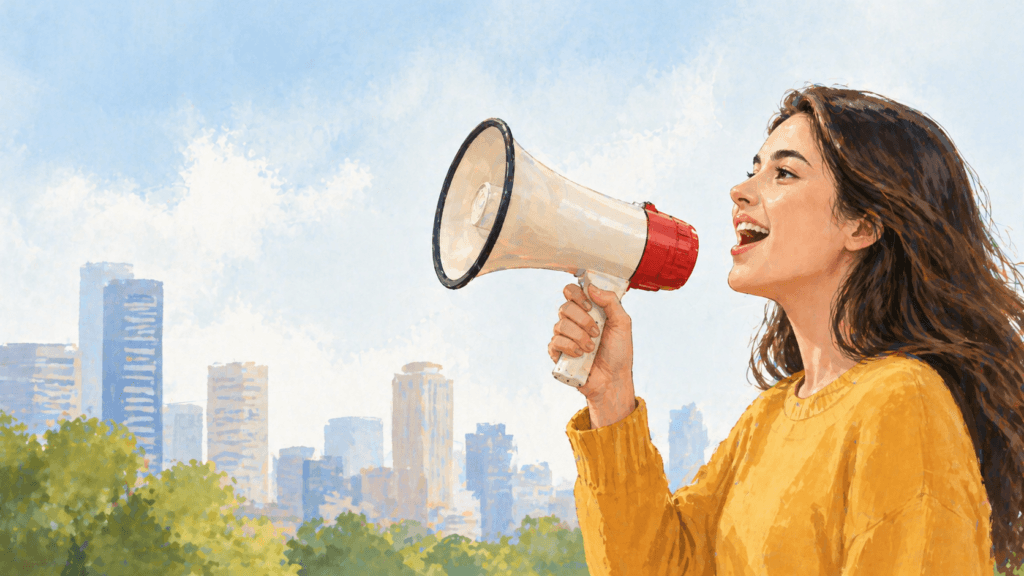 A person with long hair and yellow jumper shouts through a megaphone. There is a city skyline in the background.