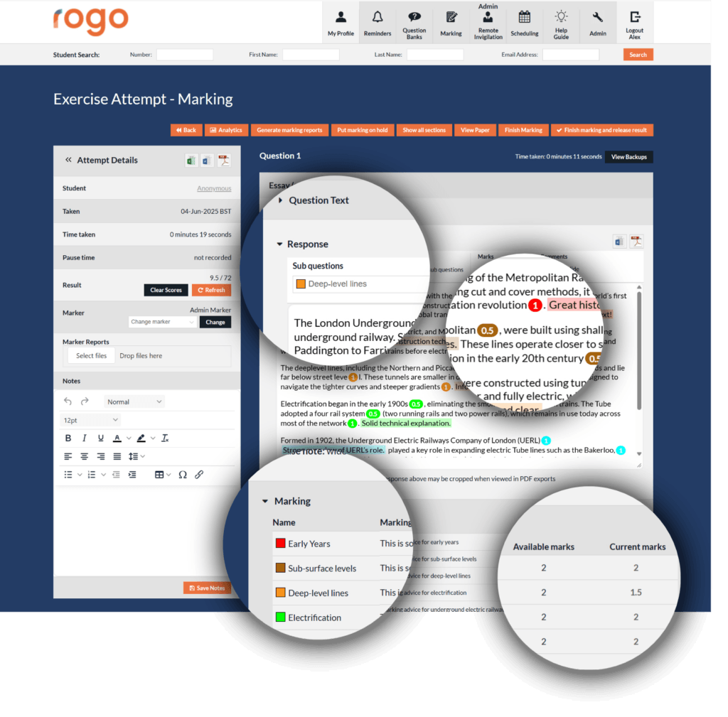 In Response marking in Rogo with magnified highlight areas.