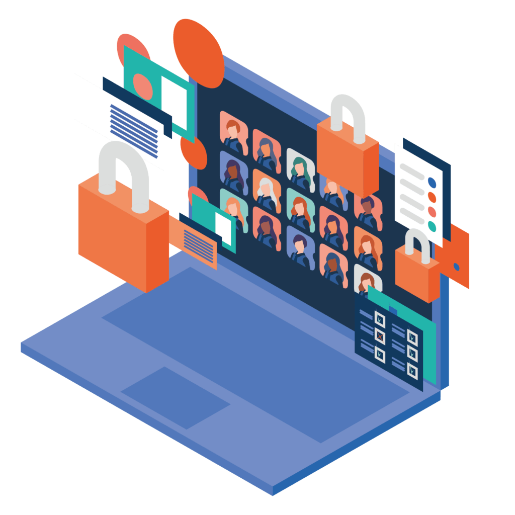 GRaphic of laptop showing multiple people and test setting related icons