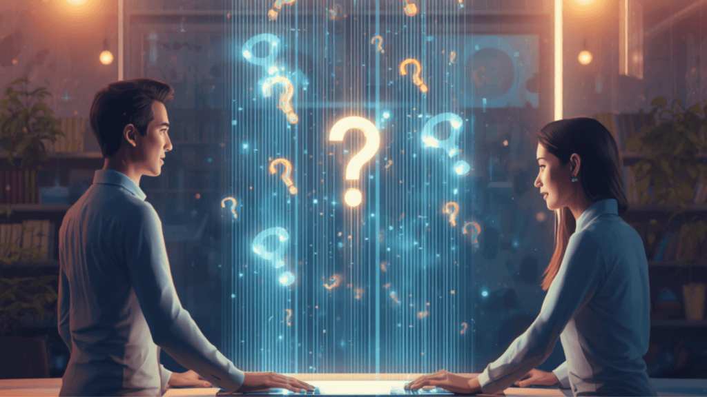 A man and woman stand either side of a tablet with glowing question marks rising from it.