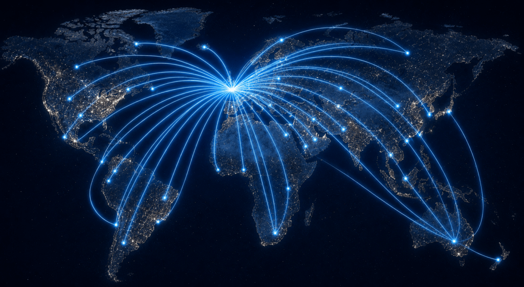 Map of the world with blue curved lines representing a telecommunications network.
